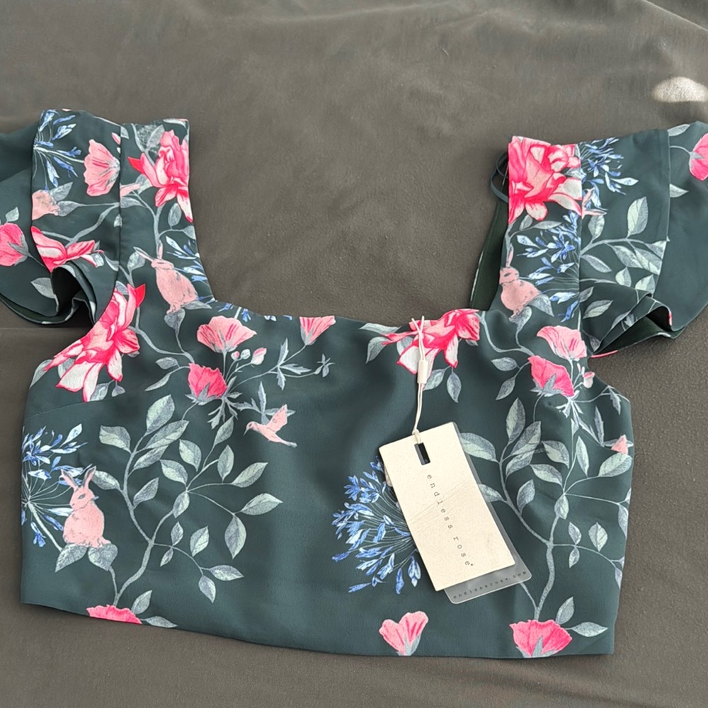 Endless Rose Green Ruffled Crop Blouse Cap Sleeves